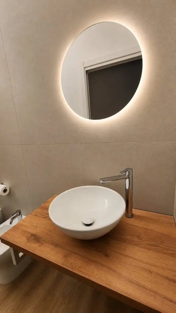Lavabo moderne et miroir éclairé dans la salle de bains privative de la Room 1