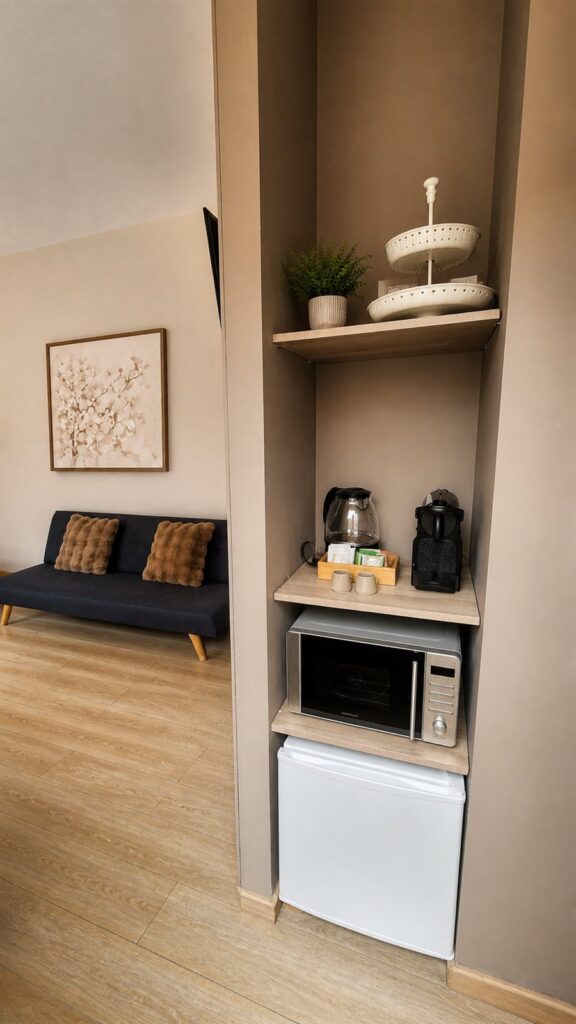 Refreshment area in Room 2 with fridge and microwave