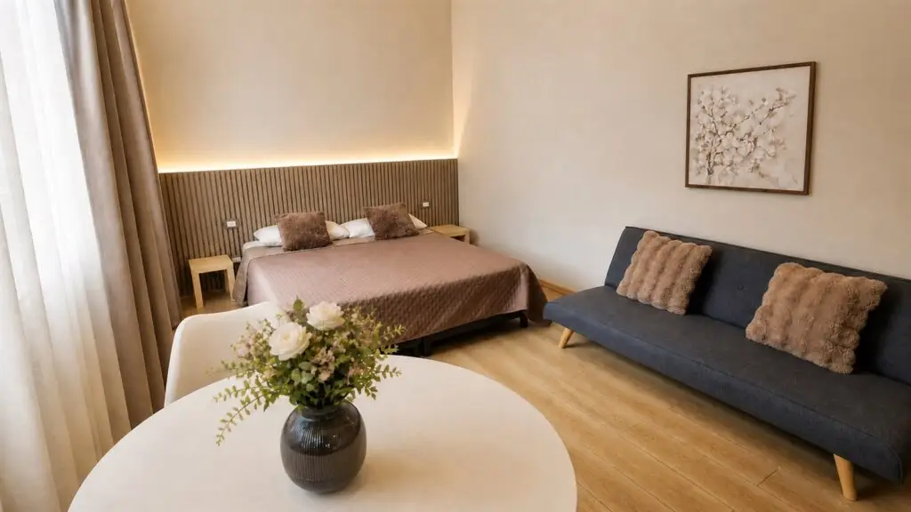 Room 2 at Gaia Suites in Turin with a double bed and seating area